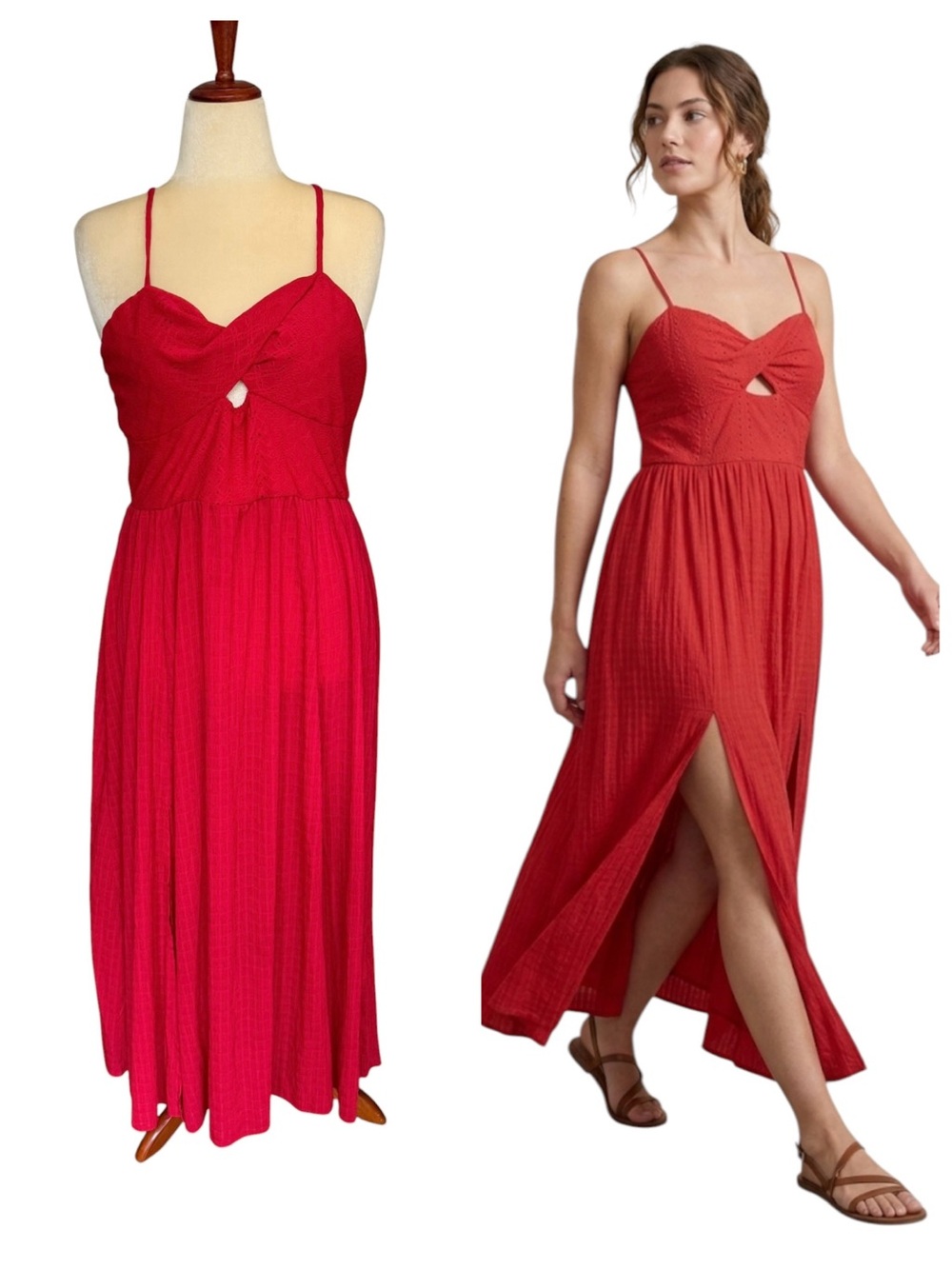 Women's Red Spaghetti-Strap Maxi Dress Cutout Front Twist Size Large 10/12 Boho